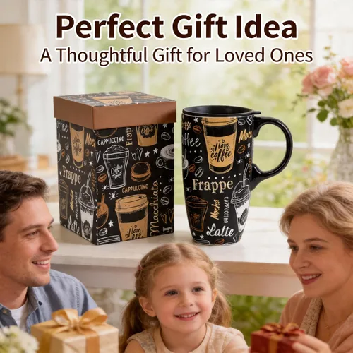 Miniatura 6 de Topadorn Taza de Café de Cerámica Taza de Viaje Regalo con Tapa 17oz, Taza de Té Alta de Porcelana con Asa para el Hogar y la Oficina, Taza