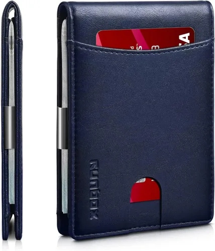 RUNBOX - Cartera delgada con clip de dinero para hombre de piel con bloqueo RFID bolsillo frontal de gran capacidad con caja de regalo Azul