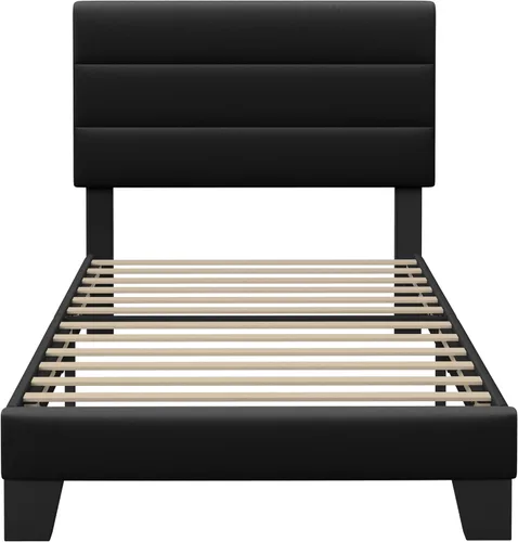 Miniatura 7 de GOLDORO Base de cama de plataforma de tamaño individual con cabecera tapizada, soporte de listones de madera, no necesita somier, fácil montaje