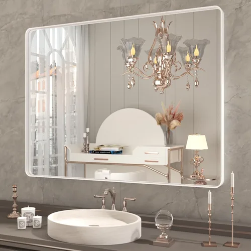 Miniatura 14 de Espejo de baño LED de 60x36 pulgadas con marco negro, espejos de baño retroiluminados y con luz frontal para pared, antiempañamiento, regulable