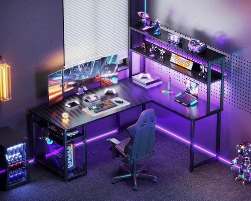 Miniatura 2 de ODK - Escritorio de juegos en forma de L de 53" con estante superior y gancho para auriculares, mesa de computadora de esquina con estanterías