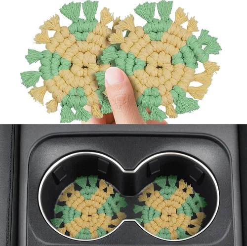 Miniatura 14 de Paquete de 2 posavasos de algodón para portavasos de automóvil, portavasos de automóvil, soportes para bebidas, lindos soportes de macramé bohemios