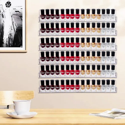 Miniatura 8 de Juego de 6 soportes acrílicos para esmalte de uñas, montado en la pared, organizador de botellas de aceite esencial de lápiz labial, estante