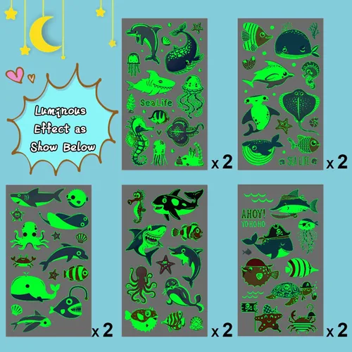 Miniatura 3 de Partywind Tatuajes temporales luminosos de tiburón para niños, tiburones brillantes y océanos, decoraciones de cumpleaños, suministros de fiesta