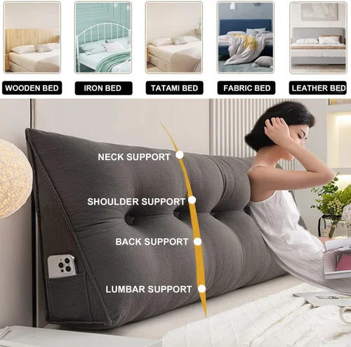 Miniatura 3 de Cojín triangular grande para cabecero de lectura, almohada para reposo en cama, respaldo triangular, respaldo de forro polar, soporte de Gris