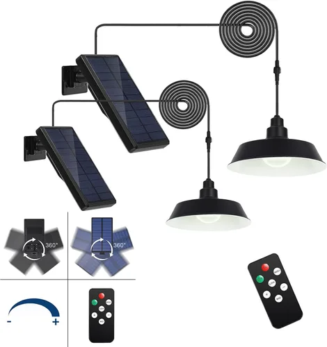 Luces colgantes solares LED, luces solares de cobertizo con interruptor de encendido y apagado, iluminación regulable de 360°, control remoto, cable