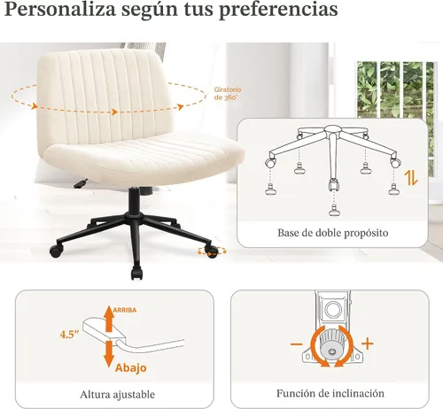 Miniatura 5 de Silla Criss Cross de Orange Factory con ruedas, amplias piernas cruzadas, para escritorio de oficina, cambiador, base doble, cómoda, sin brazos