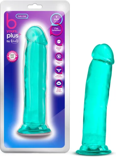 Miniatura 7 de Blush B Yours Plus Thrill N' Drill - Consolador realista de 9 pulgadas, hecho a mano, suave, transparente, morado, compatible con arnés de ventosa