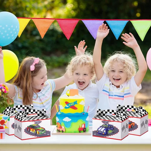 Miniatura 6 de 24 cajas de regalo de fiesta de autos de carreras con asa de bandera de carreras, cajas de golosinas para regalos de caramelos, ruedas a cuadros