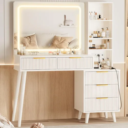 Miniatura 8 de Escritorio de tocador con espejo y luces, escritorio de maquillaje con toma de corriente, escritorio de maquillaje con 5 cajones estantes