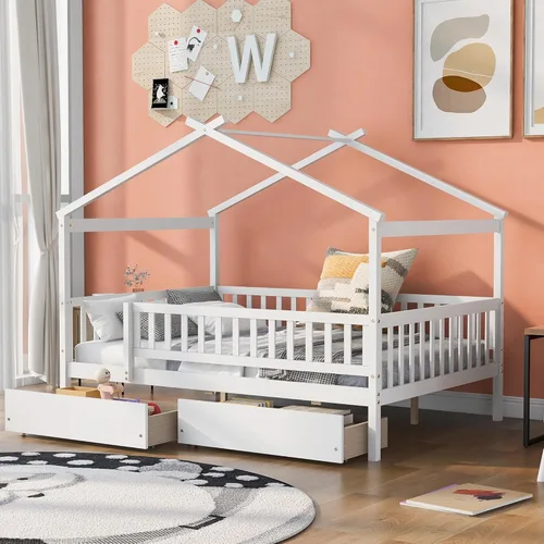 Miniatura 24 de Cama de madera de tamaño individual con dos cajones y techo, cama de plataforma con 2 cabeceros, para dormitorio de niños, adolescentes, niñas