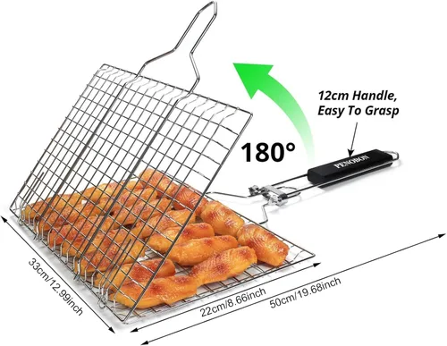 Miniatura 8 de Cesta para asar pescado, plegable, portátil, de acero inoxidable, para pescado, verduras, camarones con mango extraíble, viene con cepillo