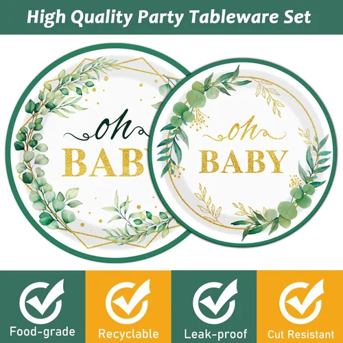 Miniatura 4 de Tevxj Juego de vajilla de 96 piezas Sage Greenery Oh Baby para baby shower, vajilla desechable, platos verdes con lámina dorada, platos para fiestas
