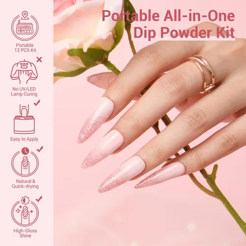 Miniatura 6 de AZUREBEAUTY Kit de iniciación de uñas en polvo de inmersión, 4 colores con purpurina rosa suave, arte de uñas francés, con capa base, capa superior