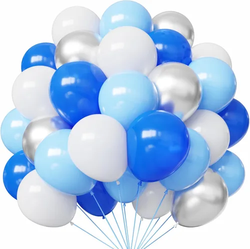Hiquaty Globos azules y plateados, 50 globos azul claro, globos azules y blancos de 12 pulgadas para decoración de cumpleaños, baby shower, boda,