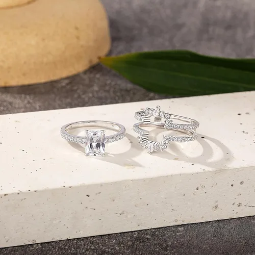Miniatura 5 de Jeulia Juego de 2 anillos de compromiso vintage de plata de ley con halo irregular radiante para mujer, con caja de regalo