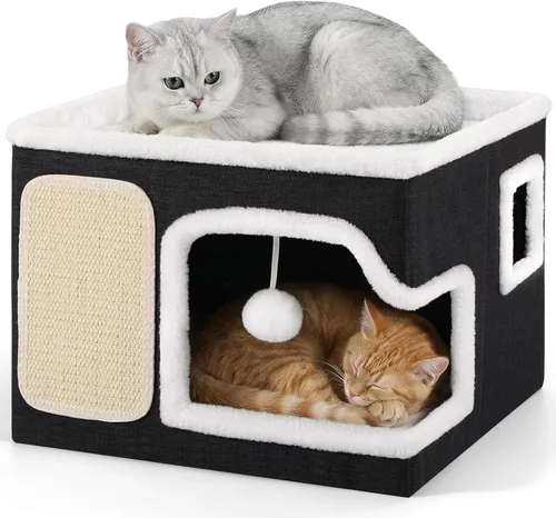 Miniatura 10 de Double Cat Beds for Indoor Cats, 2-Storey Cat House with Large Cozy Hideaways, Dual Purpose Cat Cave Cube with Scratch Pads, Fluffy Balls, Foldable