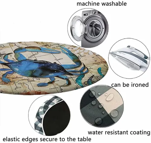 Miniatura 5 de Mantel ajustable con temática náutica con diseño de cangrejo, mapa de vida costero azul del océano, borde elástico, cubierta impermeable y lavable