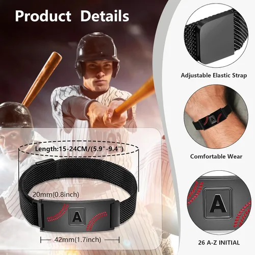 Miniatura 5 de Fervia Regalos de graduación de Pascua para hombres, pulsera con inicial de béisbol, color negro, plateado, dorado, acero inoxidable, pulseras
