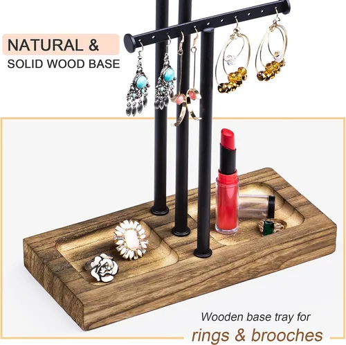 Miniatura 7 de Love-KANKEI Soporte organizador de joyas con base de metal y madera y almacenamiento grande para collares, pulseras, aretes, organizador negro