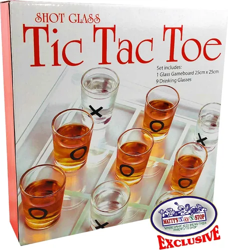 Miniatura 6 de Matty's Toy Stop Tic-Tac-Toe, juego de beber tres en una fila con 9 vasos de chupito y tablero de juego de vidrio (10 x 10 pulgadas)