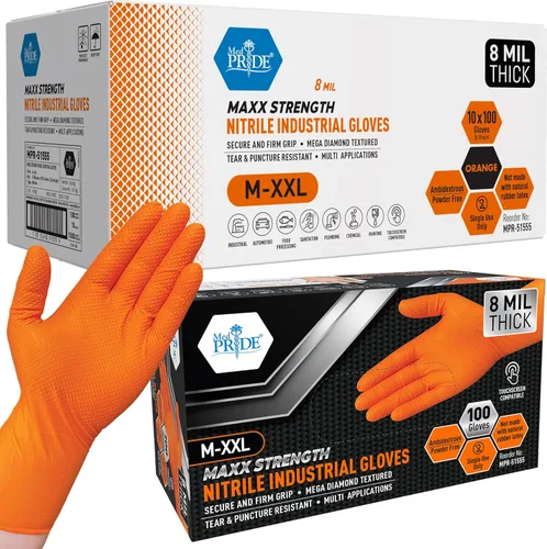 Miniatura 8 de MED PRIDE Maxx Strength - Guantes industriales de nitrilo naranja, 8 mil de grosor, textura de diamante, desechables, resistentes, resistentes a