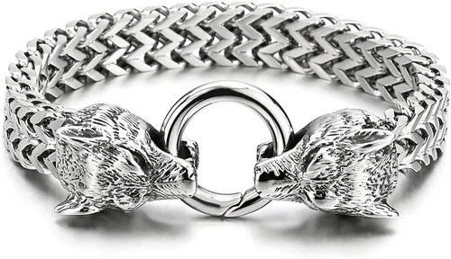 Miniatura 2 de COOLSTEELANDBEYOND Biker - Pulsera de acero inoxidable para hombre con cabeza de lobo con cierre de anillo de resorte