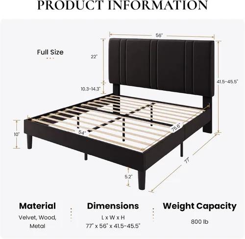 Miniatura 2 de SHA CERLIN Base de cama de plataforma de tamaño completo, cama tapizada de terciopelo con cabecera ajustable, diseño capitoné de canal vertical
