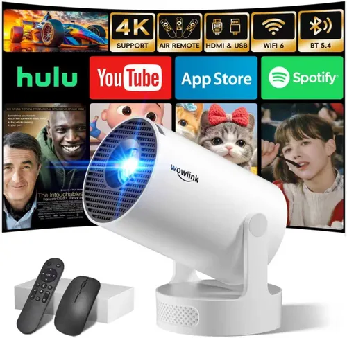 [Aplicaciones integradas y actualizadas en 2026] Mini proyector con WiFi 6 y Bluetooth 5.4 compatible con 4K 1080P Auto Keystone Proyector giratorio
