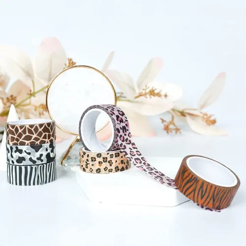 Miniatura 3 de DREMISI 6 rollos de calcomanías de cinta washi con estampado de animales, guepardo, vacas, cebra, jirafa, leopardo, cinta adhesiva decorativa