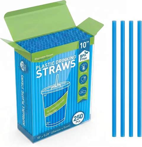250 popotes desechables de plástico para beber, 10 x 0.28 pulgadas de largo, pajitas rectas de polipropileno resistentes sin BPA de grado