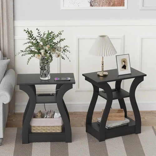 Miniatura 16 de FROMJBEST - Mesa auxiliar con estación de carga; mesa de lado con puertos USB y tomas de corriente; mesa de noche de sofá de 3 niveles para espacios
