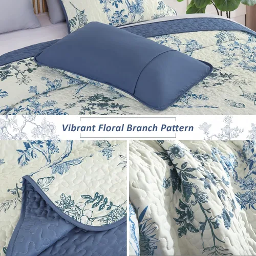 Miniatura 5 de WONGS BEDDING Juego de edredón floral matrimonial, juego de colcha con patrón botánico azul para mujeres, adolescentes y niñas, juego de ropa