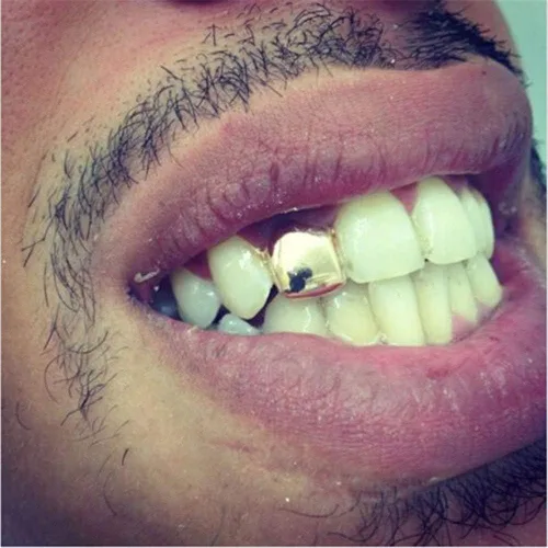 Miniatura 3 de Onwon 2 piezas chapadas en oro de 14 quilates Grillz Hip Hop Top Tooth Single Grill Cap para dientes boca, Goma