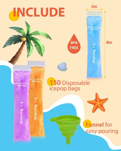 Miniatura 2 de 150 bolsas desechables para moldes de paletas de hielo (8 x 2 pulgadas) para aperitivos de frutas naturales, jugos y batidos, moldes de paletas