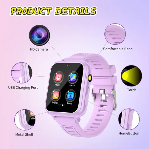 Miniatura 7 de Vakzovy Reloj inteligente para niños y niñas, reloj inteligente para niños de 4 a 12 años con 24 juegos, cámara HD, reproductor de música
