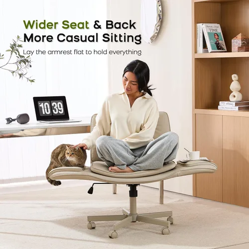 Miniatura 5 de amseatec Silla de oficina entrecruzada, silla de tocador de piel sintética con reposabrazos ajustables de 5 niveles y giratorio, silla ergonómica