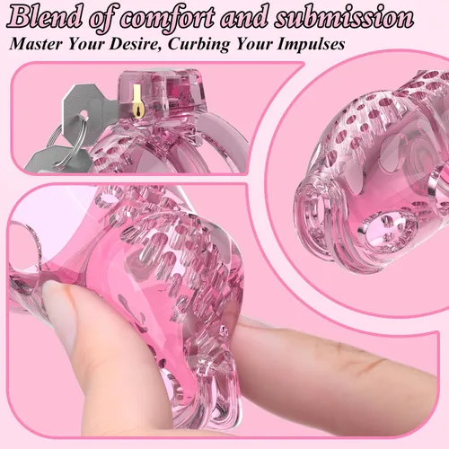 Miniatura 6 de Jaula de castidad masculina – Jaula de pene rosa ligera con parte delantera de plástico suave y anillos de 6 tamaños, cómodo dispositivo de castidad