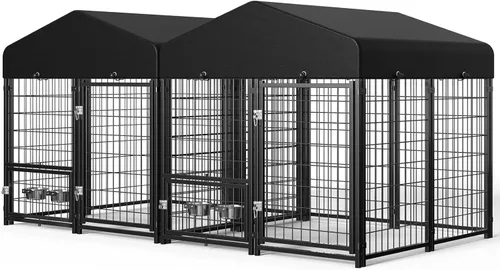 Miniatura 11 de Perrera para Perros al Aire Libre, Perrera para Perros con Techo y Comederos Giratorios/Puerta para Perros Desmontable Permite Conectar Su Casa