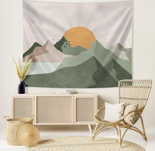 Miniatura 3 de SUOTEMEIFEI Tapiz bohemio verde salvia con sol de montaña, arte simple, paisaje de puesta de sol, paisaje, abstracto, estético, decoración de pared