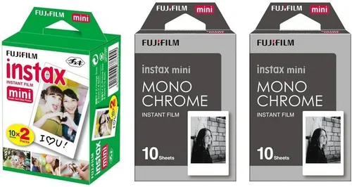 Fujifilm Instax Mini - Juego de 3 paquetes de película instantánea, paquete doble (20) + 2 juegos monocromáticos (20) para impresora Mini 90 8 70 7s