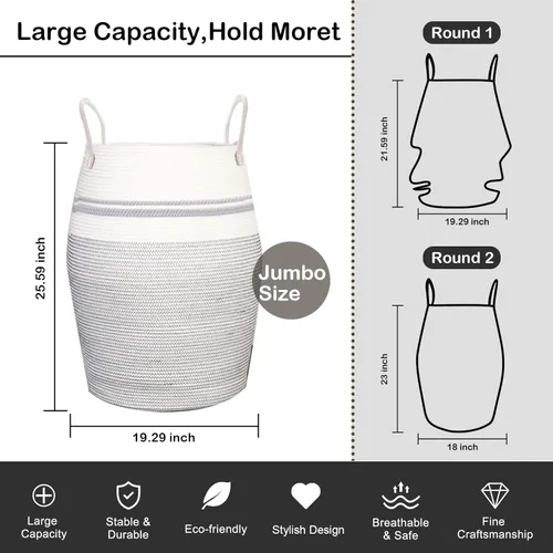 Miniatura 3 de OIAHOMY Cesta para ropa sucia tejida de cuerda de algodón, canasto grande para ropa con asas de algodón extendidas para almacenamiento de ropa