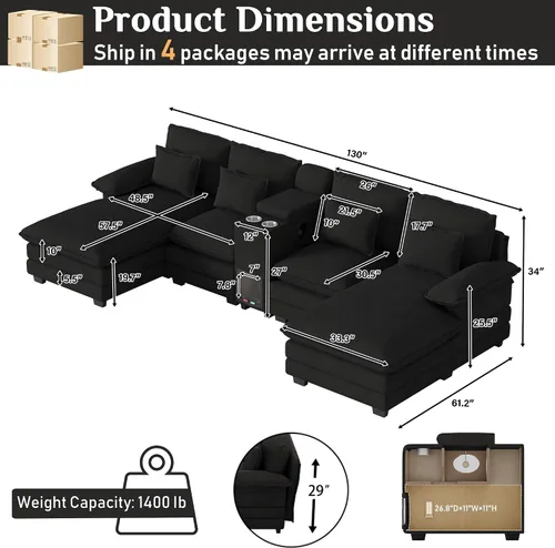 Miniatura 2 de Sofá nube en forma de U de 130 pulgadas con casa para gatos, sofá modular de gran tamaño para sala de estar, cómodo sofá grande de chenilla, juego