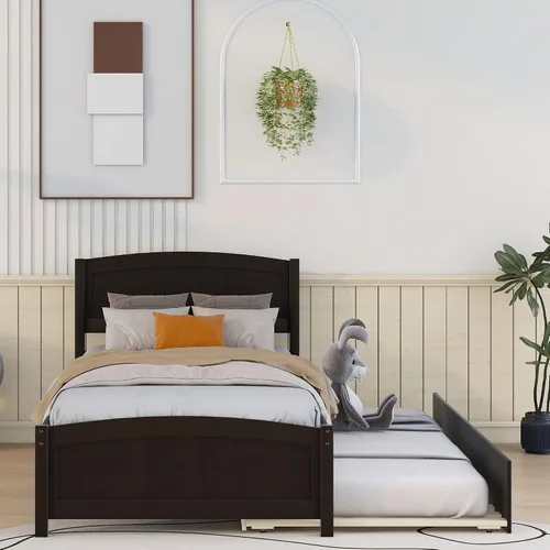 Miniatura 3 de Harper & Bright Designs Base de cama individual, plataforma de madera con nido, cabecero, estribo y soporte de listones de madera (espresso con nido)