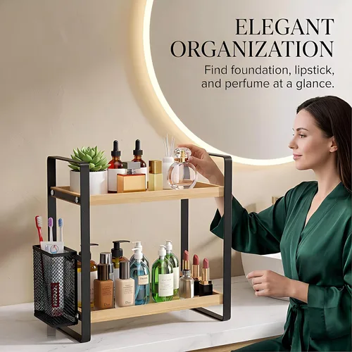 Miniatura 5 de LEMIKKLE Organizador de Baño para Encimera, Organizador de Mostrador para Decoración de Baño, Estante de Fregadero de Madera para Almacenamiento