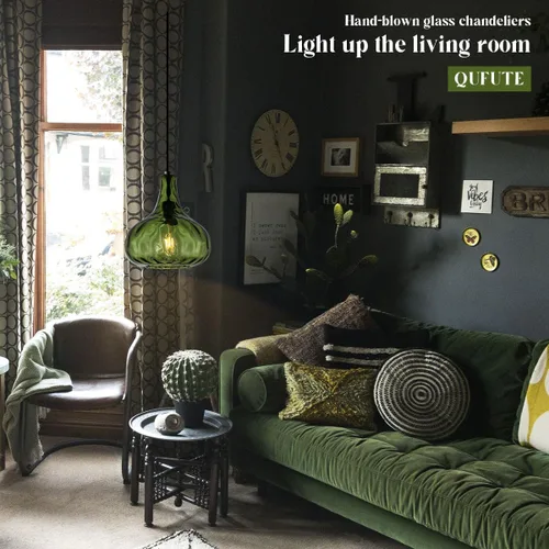 Miniatura 4 de Iluminación colgante de globo de vidrio verde estilo granja, lámpara colgante de vidrio vintage, lámpara colgante moderna de mediados de siglo