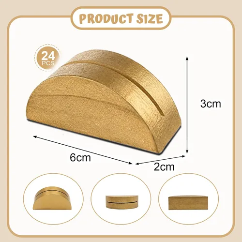 Miniatura 3 de 24 soportes grandes para números de mesa de 2.3 pulgadas, base semicircular de madera dorada para mesa, para bodas, menú de restaurante, fotos