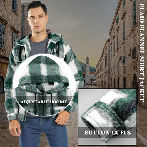 Miniatura 5 de Ceoutdoor Chaqueta de franela con capucha para hombre, forro polar, camisa de franela a cuadros con cremallera, sudadera con capucha de sherpa