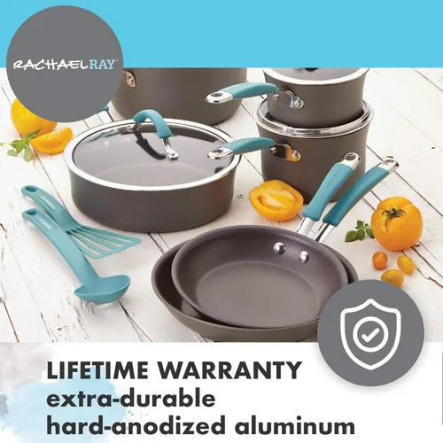Miniatura 6 de Rachael Ray Cucina - Sartén antiadherente con mango auxiliar y proceso de anodizado duro., 14", azul/gris(Gray with Blue Handles)