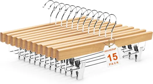 Miniatura 10 de HOUSE DAY Paquete de 25 perchas de madera de alta calidad para pantalones, perchas de falda de madera de loto maciza con 2 clips ajustables, Blanco